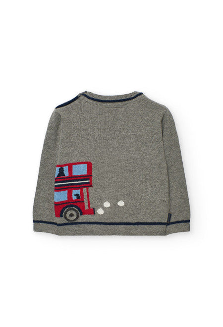 Maglione bambino stampa autobus con design grigio e dettagli multicolori sul retro