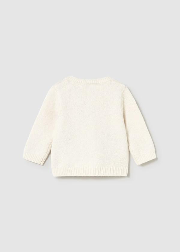 Mayoral Cardigan bambina in cotone, mele ricamate.. Cardigan crema vista retro con collo rotondo e bordi a coste