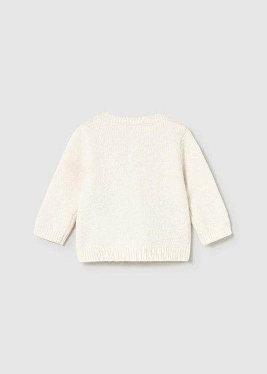 Mayoral Cardigan bambina in cotone, mele ricamate.. Cardigan crema vista retro con collo rotondo e bordi a coste