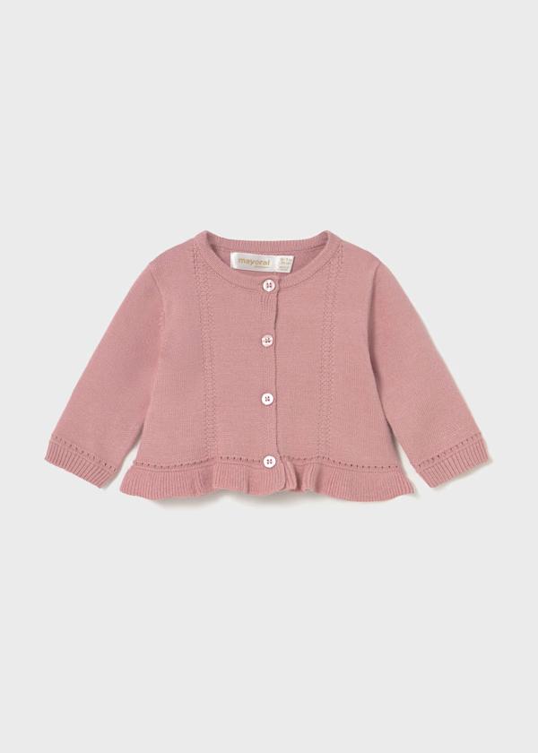 completo neonata 3 pezzi Mayoral cardigan rosa a maniche lunghe con bottoni e orlo a volant