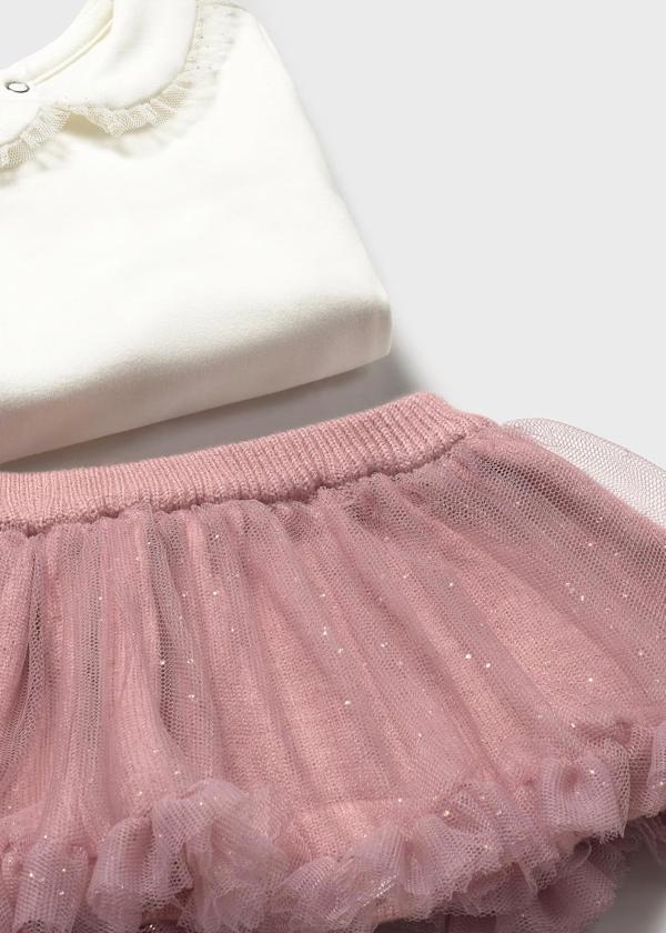 completo neonata 3 pezzi Mayoral maglia bianca con colletto frill e gonna tutu in tulle rosa con glitter