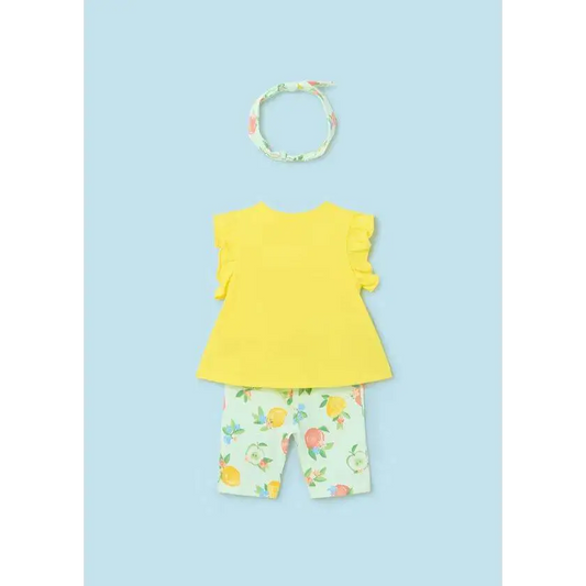 completo neonata 3 pezzi Mayoral giallo maglietta con maniche volant pantaloni fantasia frutta e fascia
