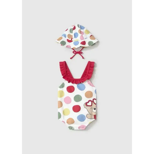 Costume bimba mare 0-18 mesi Mayoral con pois colorati, rouches rosse e cappellino abbinato