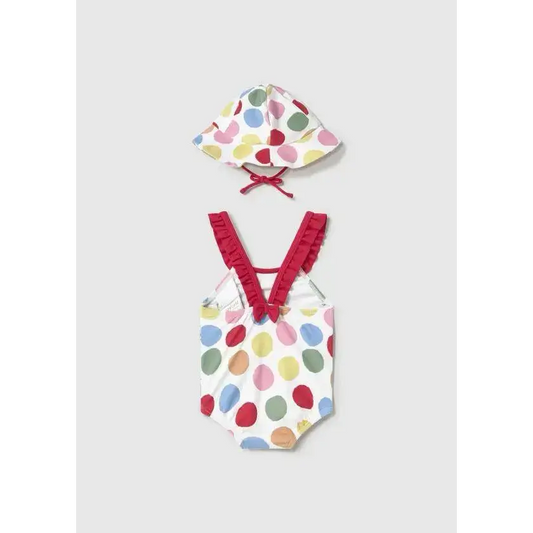 Costume bimba mare 0-18 mesi Mayoral con pois colorati e cappellino abbinato per protezione solare