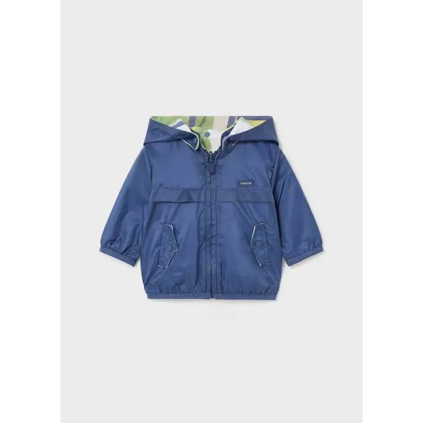 giubbotto reversibile bimbo Mayoral blu con cappuccio zip tasche elastiche polsini e interno mimetico verde