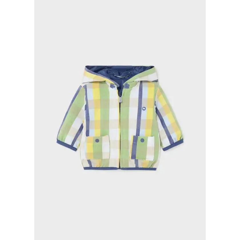 giubbotto reversibile bimbo Mayoral con cappuccio zip e tasche frontali quadri verde giallo e blu