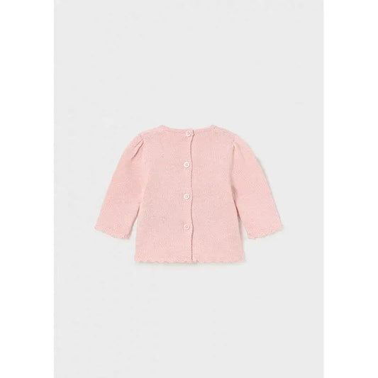 maglione jacquard neonato Mayoral rosa con bottoni sul retro maniche lunghe e bordo smerlato
