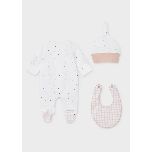 set regalo neonato ecofriendly Mayoral tutina bianca a micro pois rosa con piedini berretto e bavaglino a quadretti