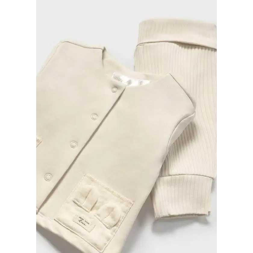 Completo tuta neonato 3 pezzi Mayoral color crema con giacca e pantaloni in cotone morbido