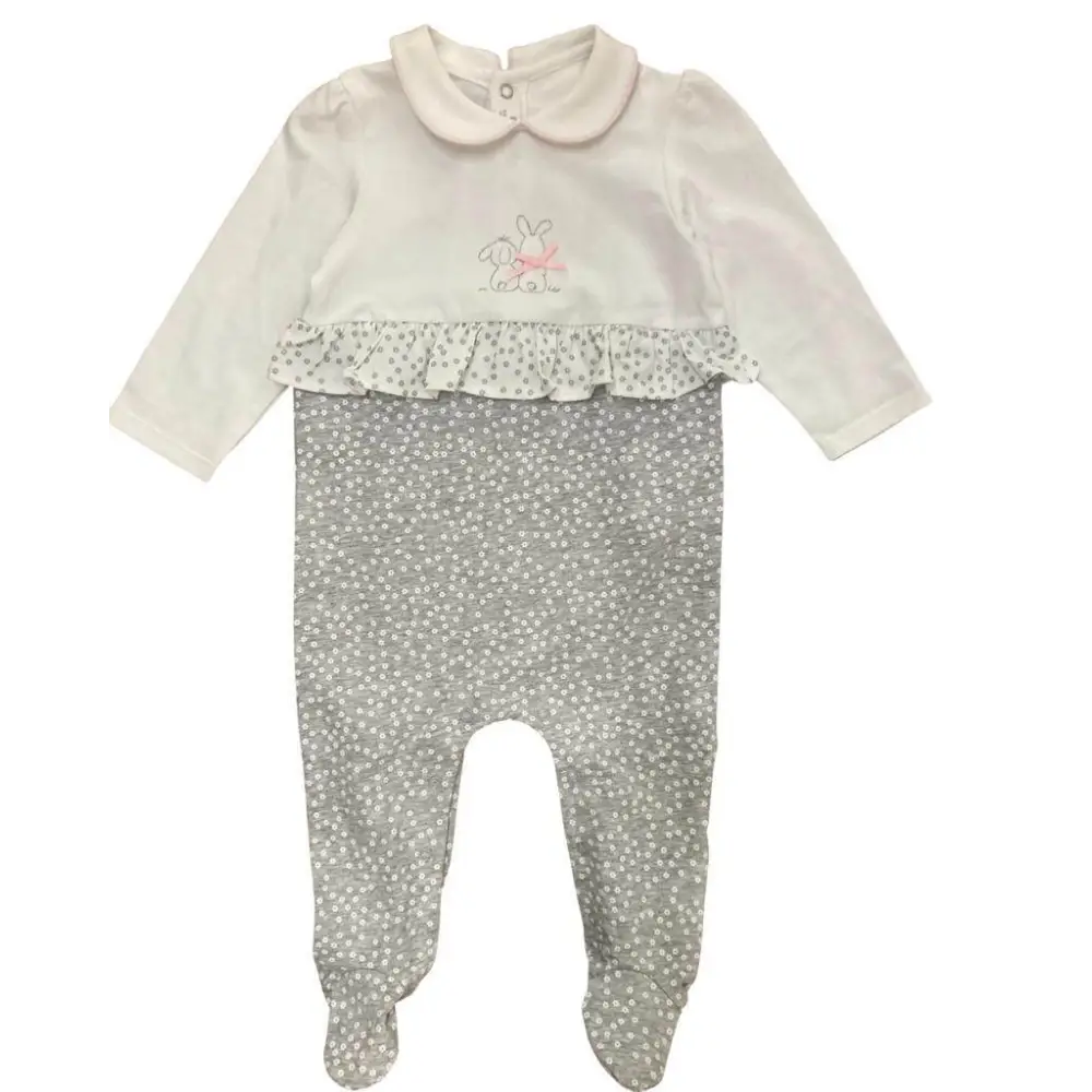 tutina neonata primavera Mayoral bianca e grigia con collo peter pan volant e piedini con fantasia pois