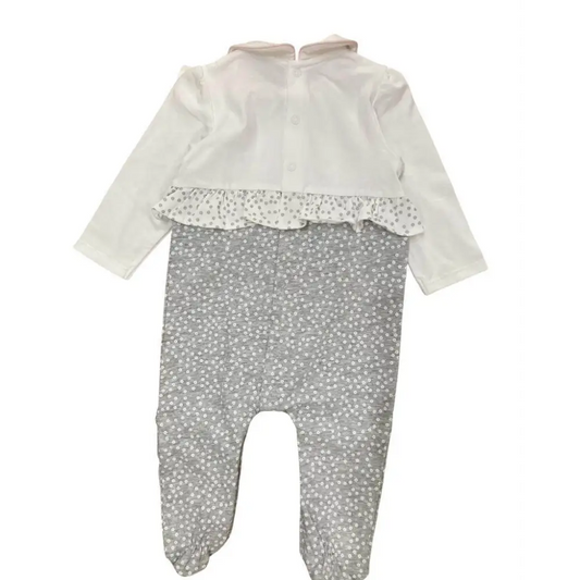 tutina neonata primavera Mayoral bianca e grigia con volant, piedini e fantasia a pois