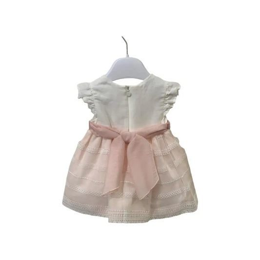 vestito elegante neonata Mayoral bianco e rosa con fiocco posteriore in tulle maniche corte a volant