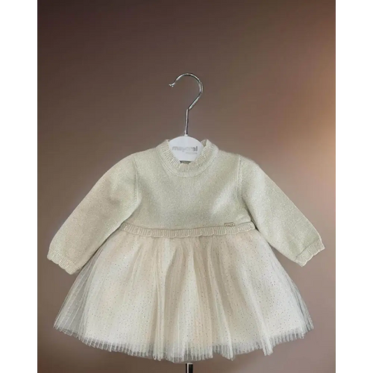 vestito tricot tulle neonata Mayoral abito crema maniche lunghe corpetto lavorato e gonna in tulle