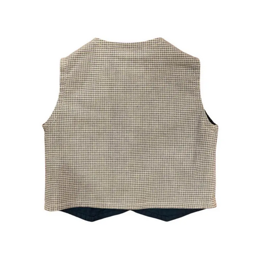 gilet quadretti bambino Sarabanda retro senza maniche in tessuto beige e blu a piccoli quadretti