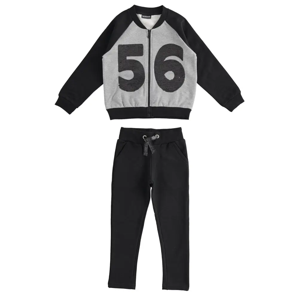 Sarabanda completo tuta ragazza 16 anni giacca zip grigio con numero 56 e pantaloni neri con coulisse