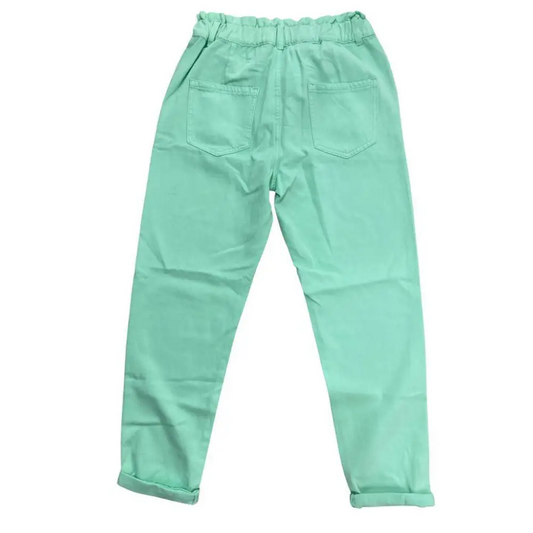Y Clu pantaloni larghi bambina cotone verde con vita elasticizzata tasche posteriori e risvolto casual per scuola