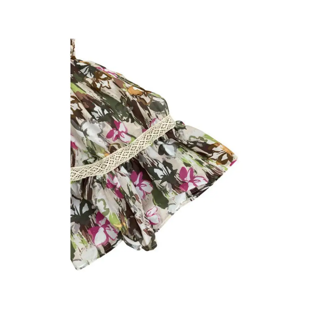 Abito fantasia floreale per bambina Paris Hilton con stampa di fiori rosa e verde e balze leggere e bordo in pizzo