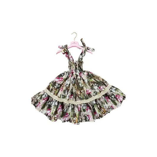 Abito fantasia floreale per bambina Paris Hilton con corpetto arricciato spalline a fiocco e balza in pizzo