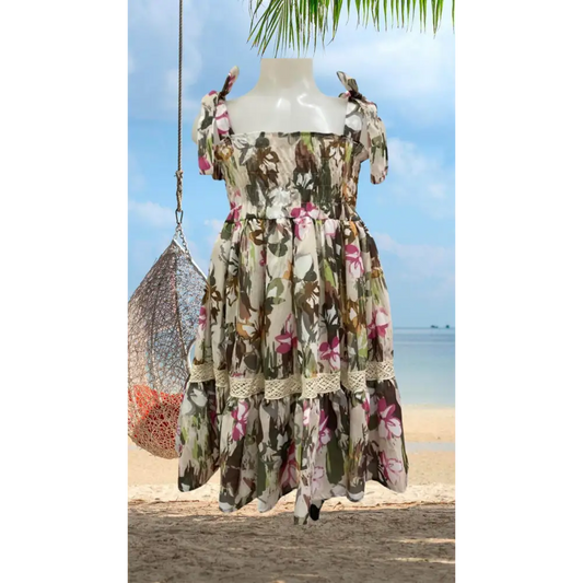 Abito fantasia floreale per bambina Paris Hilton in cotone con spalline a fiocco e balze ideale per la spiaggia