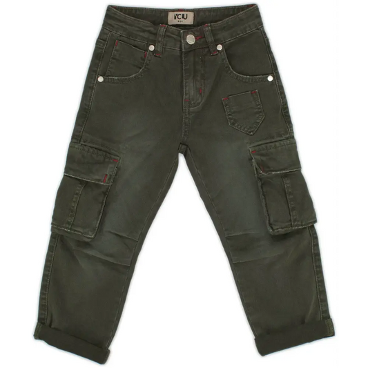 pantaloni cargo bambino verde militare con tasche laterali multiple vita con bottone e risvolto alla caviglia