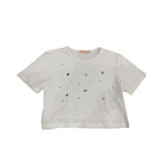 Maglietta corta per ragazza Paris Hilton bianca crop con applicazioni di strass multicolore e maniche corte