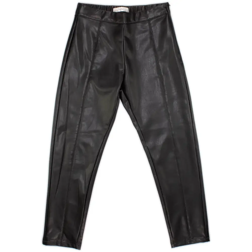 Y Clu pantalone slim ecopelle ragazza nero con cuciture verticali vita elasticizzata effetto pelle lucida