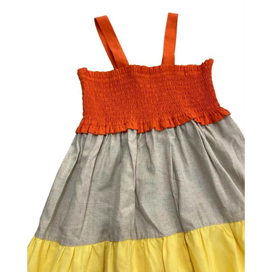 YClu abito multicolor ragazza 8-16 anni con corpetto smock arancione spalline e gonna grigio chiaro con balza gialla