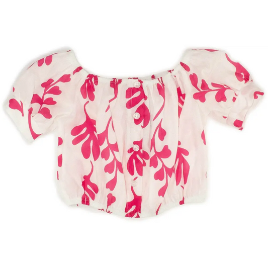 Maglietta bianca con stampa fucsia a foglie top crop bambina 3-7 anni scollo elastico maniche corte a sbuffo