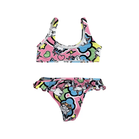 bikini unicorno bambina Mousse due pezzi rosa con stampa unicorni e volant per il mare