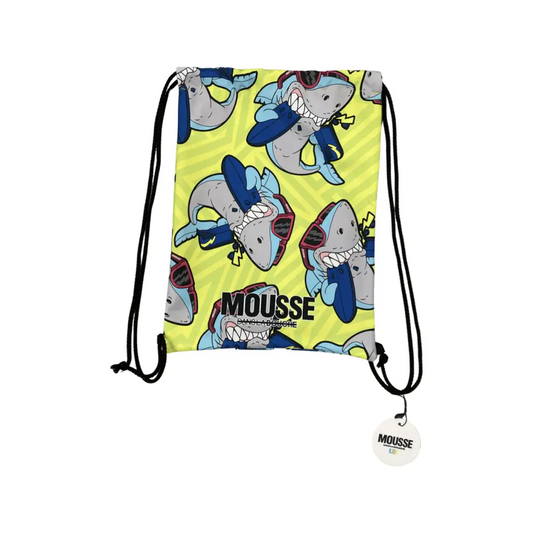 Borsa Mousse a sacco con stampa squalo cartoon su sfondo giallo ideale come borsa squalo per bambini