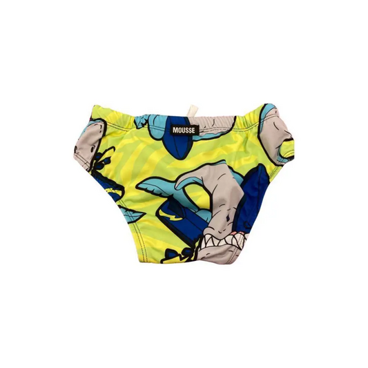 costume squalo bambino pantaloncino Mousse giallo con stampa squalo blu e grigio elastico vita per il mare