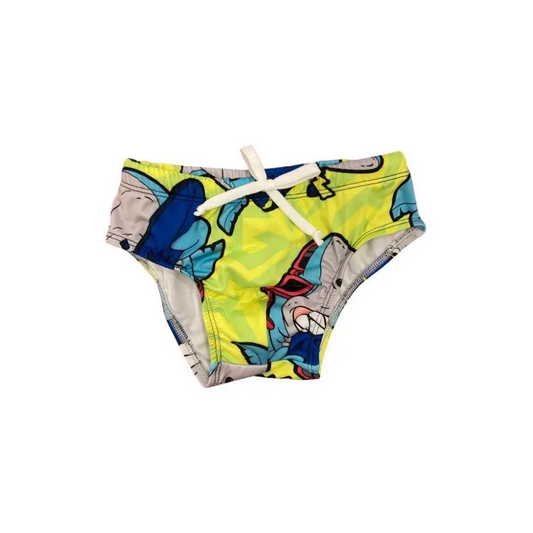 Pantalone da bagno Mousse con stampa squalo su sfondo giallo verde e laccio bianco costume squalo bambino