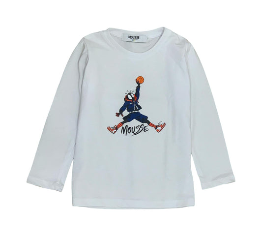 maglietta manica lunga bambino Mousse bianca con stampa giocatore di basket e logo sul collo