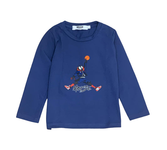 maglietta manica lunga bambino blu Mousse con grafica basket collo rotondo e cotone morbido