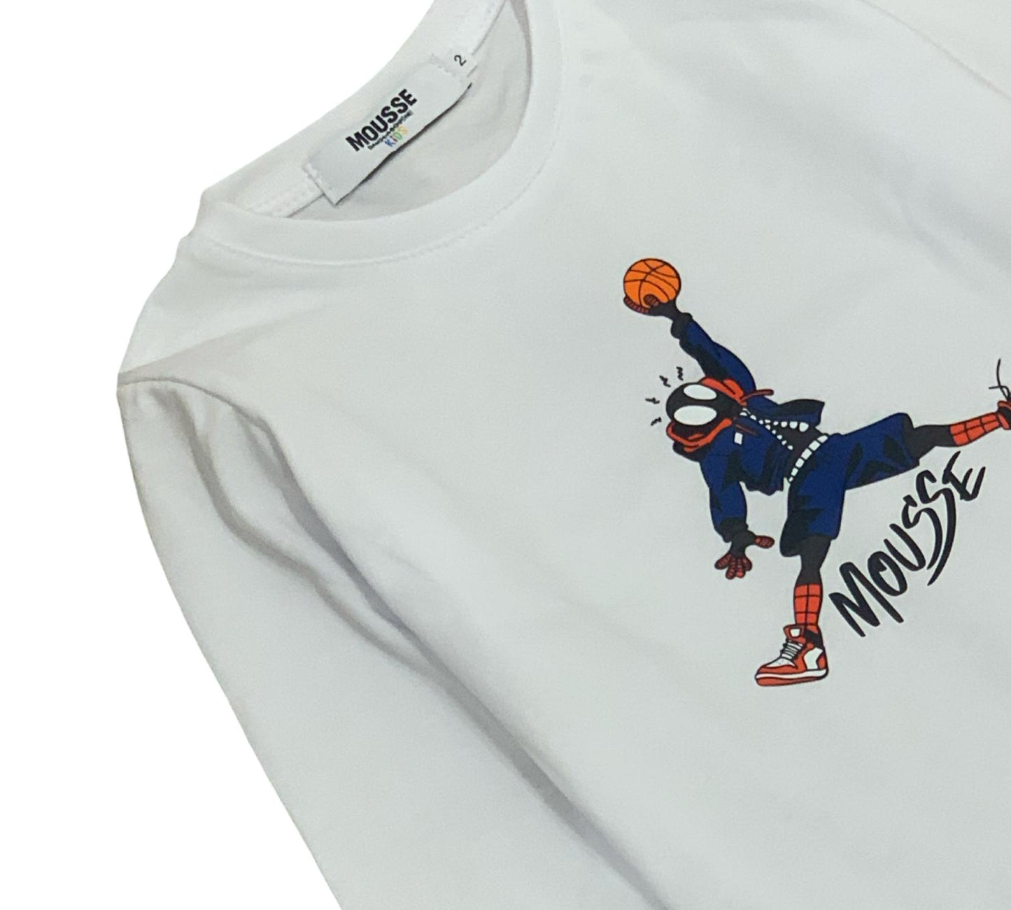 maglietta manica lunga bambino Mousse bianca con stampa giocatore di basket cartoon colorato e collo rotondo