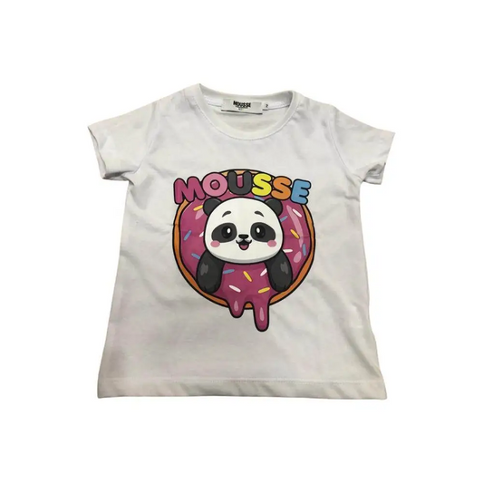 maglietta panda bambina Mousse bianca a manica corta con stampa panda dentro ciambella rosa e logo colorato