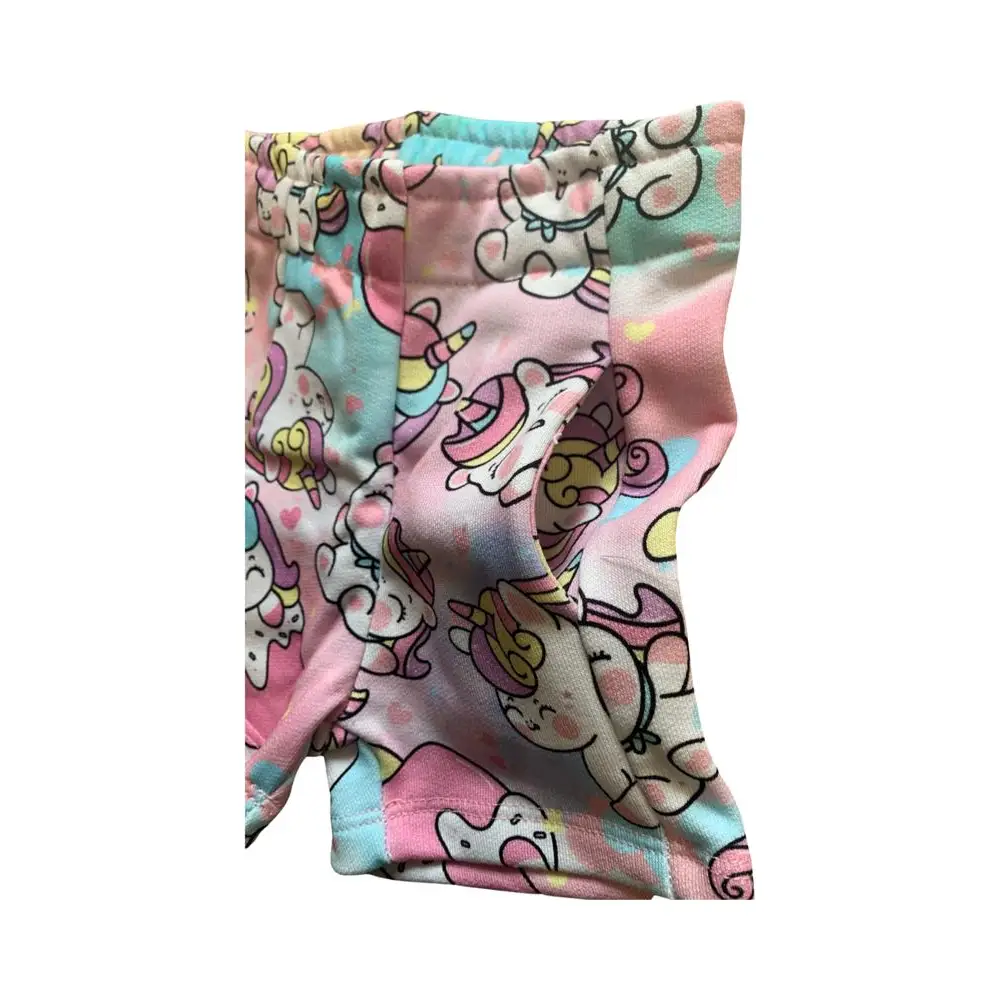 Mousse pantaloni shorts unicorno bambina in cotone morbido motivo unicorni color pastello rosa e azzurro con vita elastica