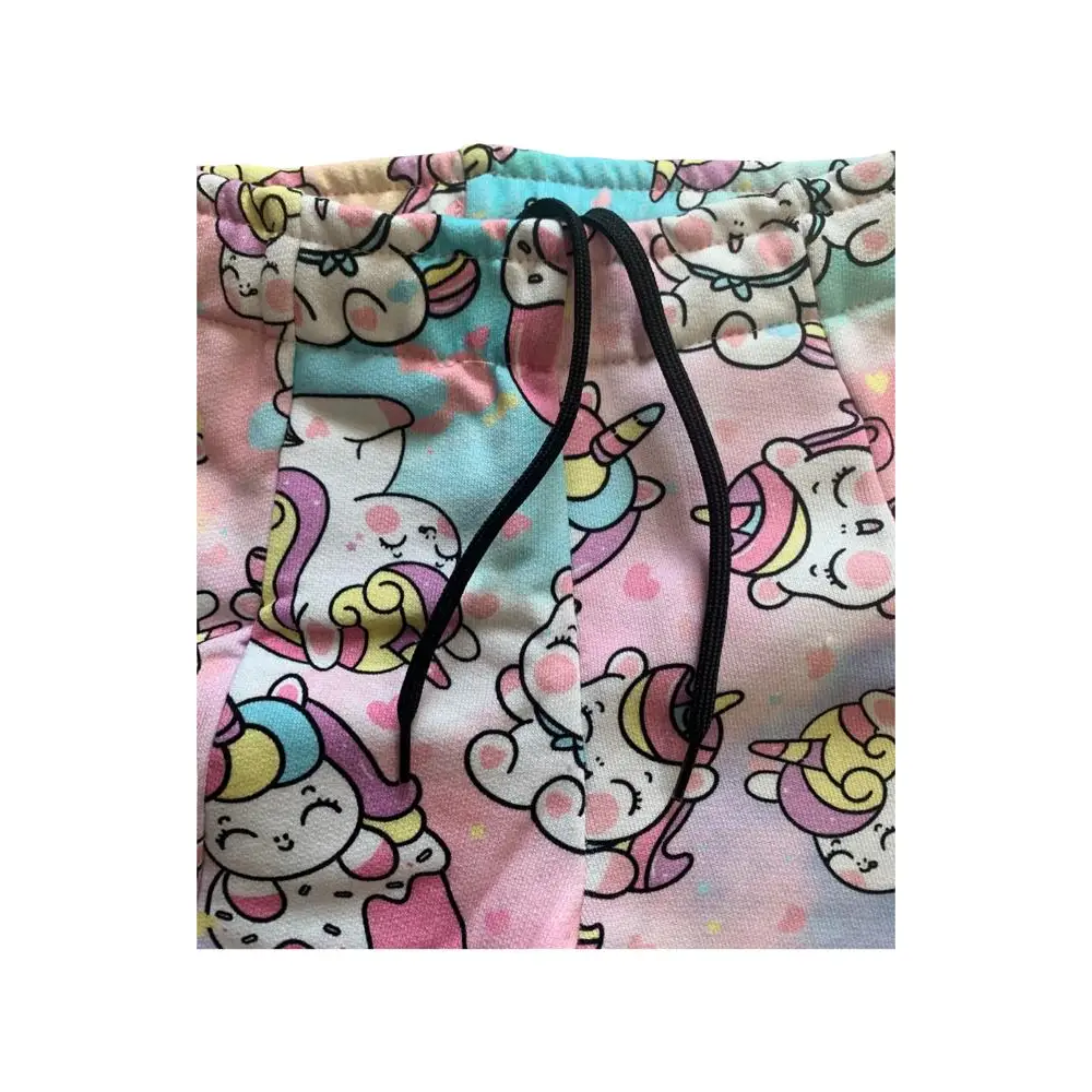shorts unicorno bambina Mousse in tessuto morbido pastello con stampa unicorni vita elasticizzata e coulisse nera