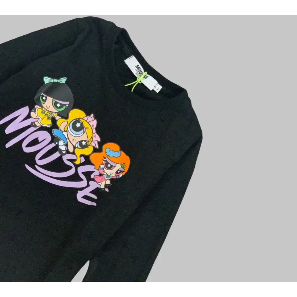Maglietta nera Mousse bambina personaggi cartoni con stampa colorata delle tre ragazze cartoon