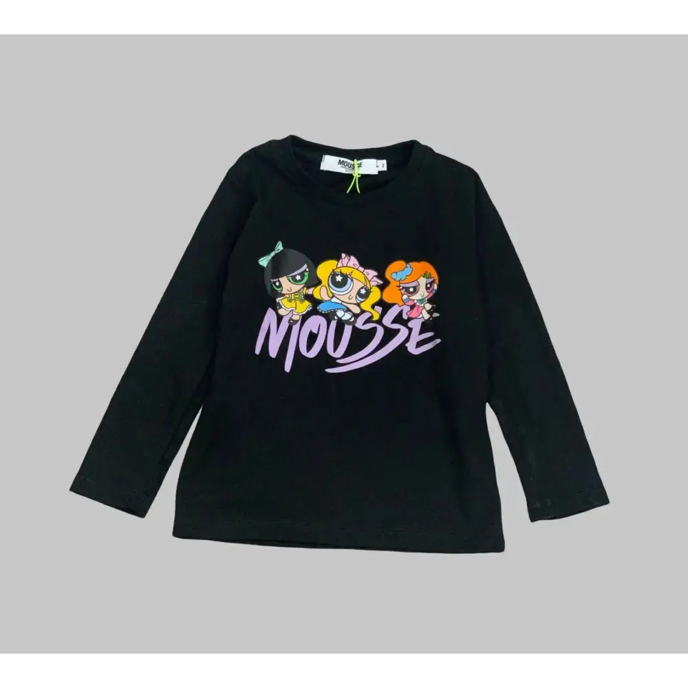 Maglietta nera a maniche lunghe con stampa personaggi cartoni e logo Mousse t-shirt Mousse bambina personaggi cartoni