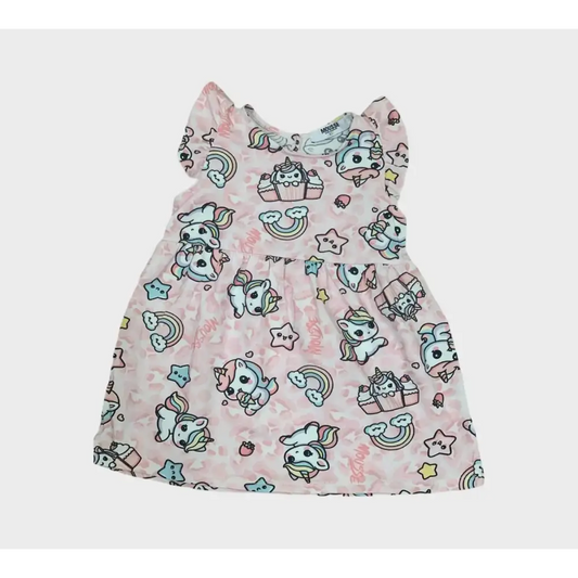 Vestito unicorno bambina Mousse rosa con stampa unicorni, arcobaleni e stelle fantasiose