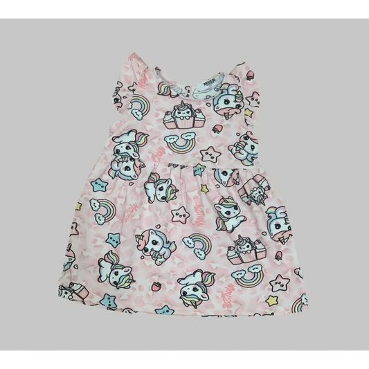 Vestito unicorno bambina Mousse rosa con stampa di unicorni, arcobaleni e stelle