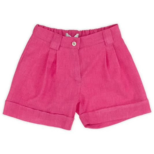 Bermuda rosa da bambina in lino con risvolto e vita elasticizzata per estate bermuda bambina 3 7 anni