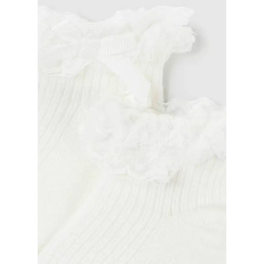 calze cerimonia neonata panna Mayoral in morbido cotone con bordo a volant e pizzo elegante