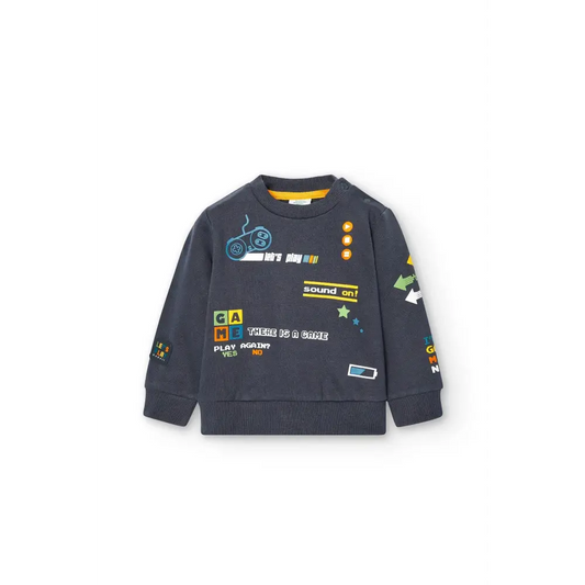 Boboli felpa girocollo bambino 18 mesi blu scuro con stampe gioco controller bottoni spalla e polsini