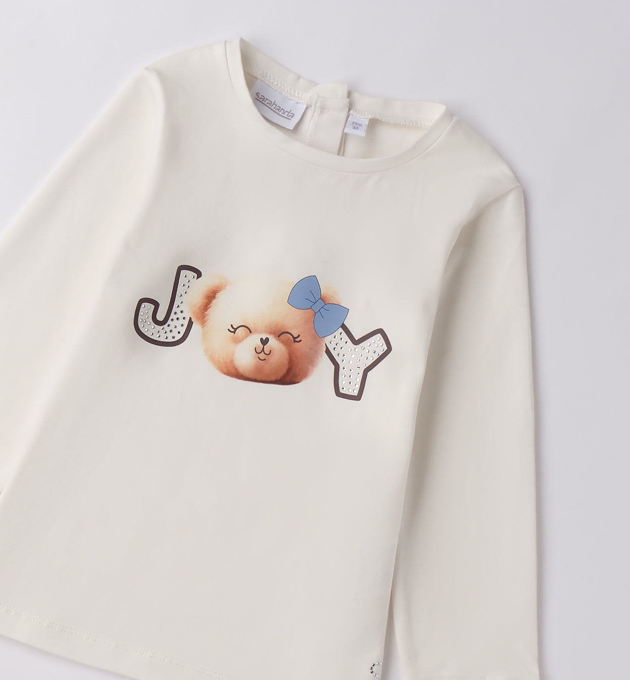 Sarabanda maglietta bambina maniche lunghe in cotone color panna con stampa orsetto e fiocco azzurro