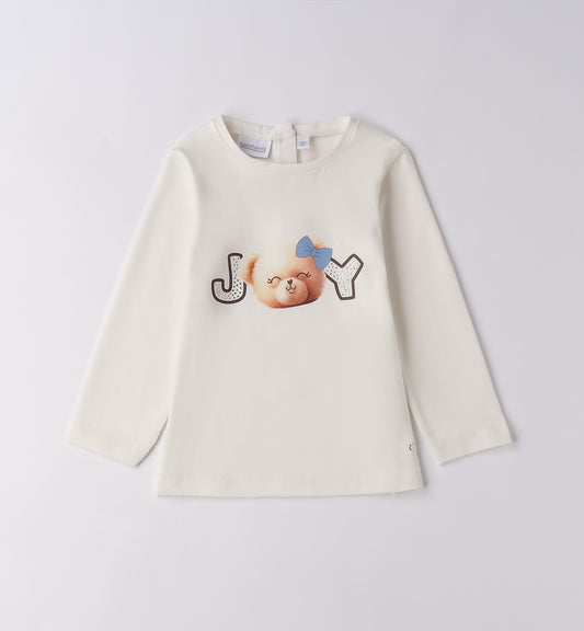Sarabanda maglietta bambina maniche lunghe in cotone color panna con stampa orsacchiotto e fiocco blu