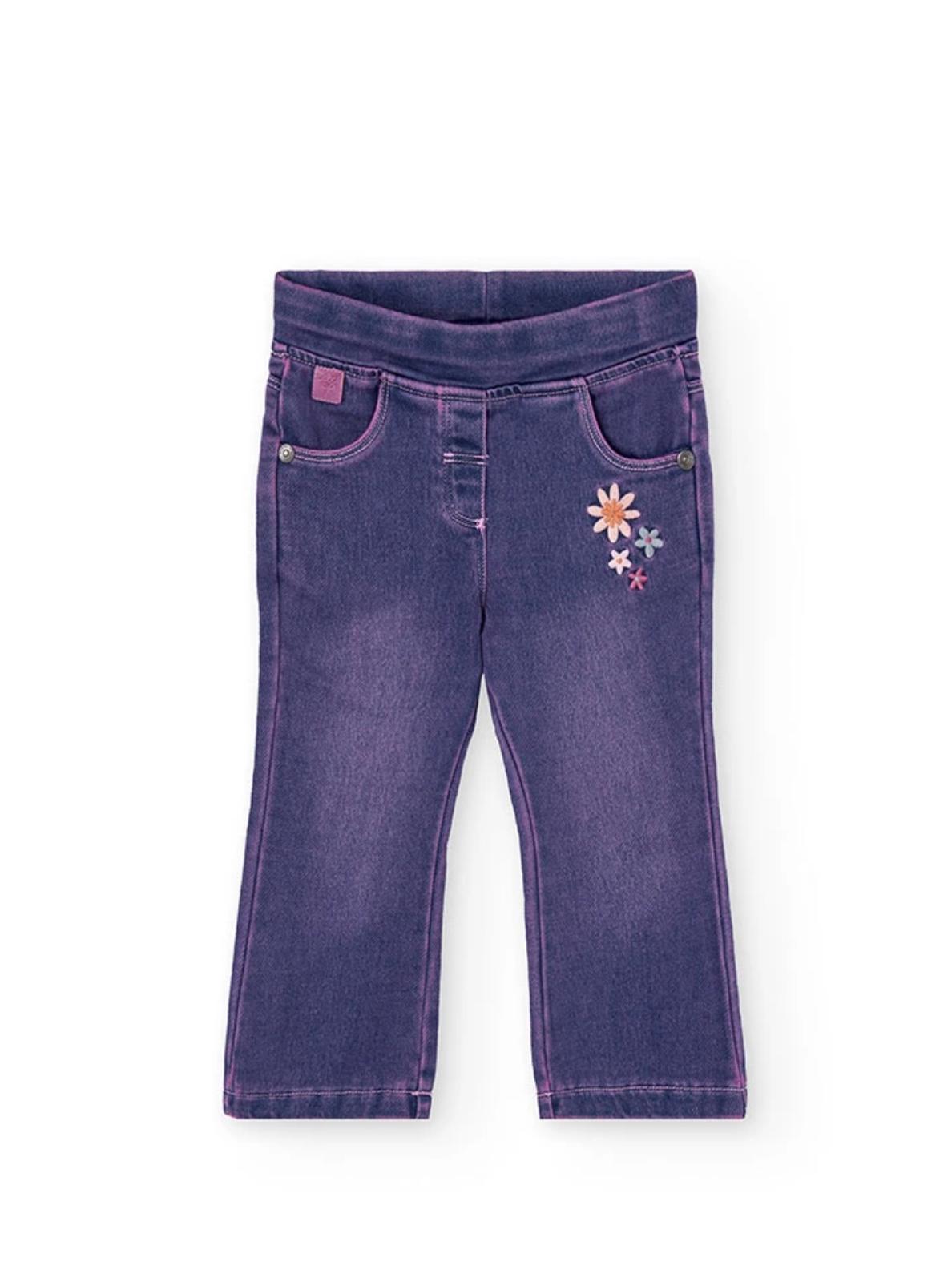 pantaloni denim bambina Boboli viola con vita elasticizzata tasche frontali e ricamo floreale a fianco