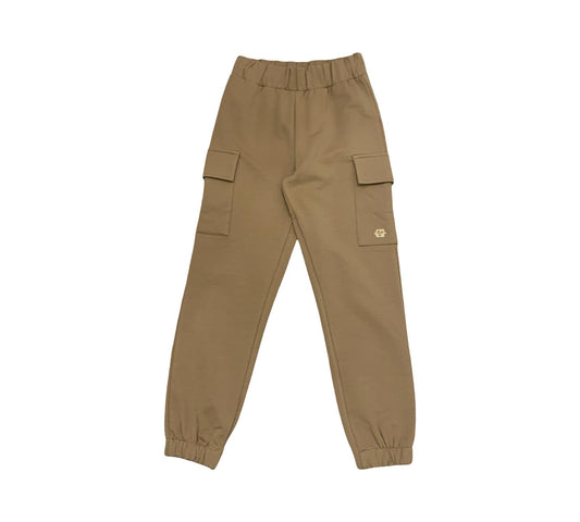 Pantaloni cargo bambina felpa beige con tasche laterali e vita elasticizzata per comfort
