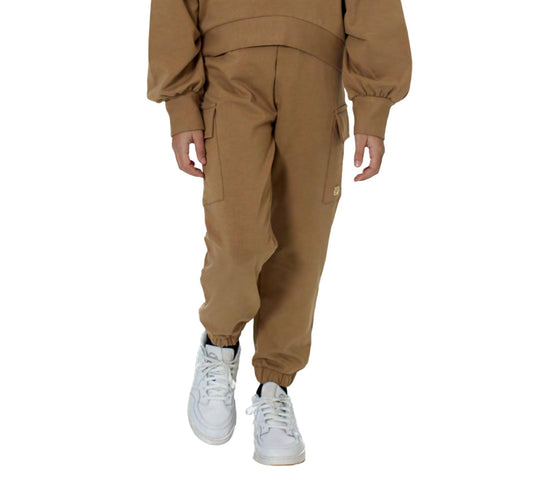 Pantaloni cargo bambina felpa color marrone con tasche laterali e polsini elasticizzati